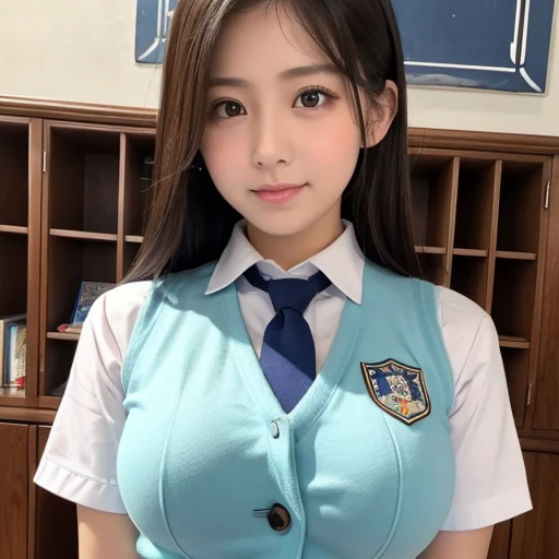 SFW: ****** girl (big breast) using a ************s backpack wearing girl scout uniform, on bedroom, happy face, open mouth, cream on face, looking to the viewer.