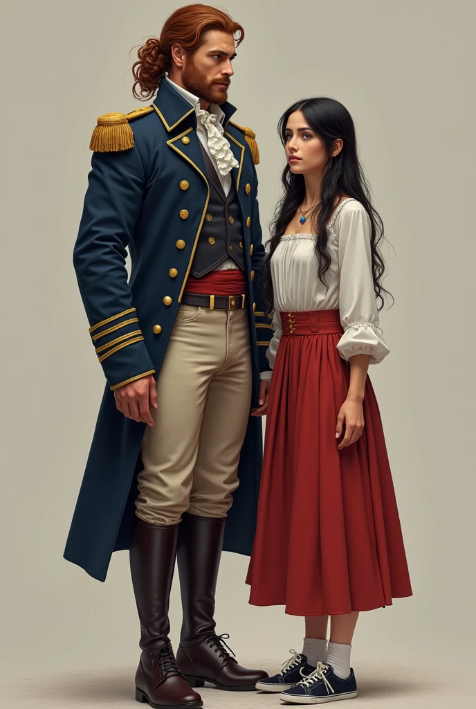 in the hyperrealistic genre. Jack Aubrey, Tall and strong captain, wide shoulders, Powerful muscles, in the uniform of a 19th century naval captain, rubio, her hair is tied in a ponytail, The hair curls at the ends., age 38 years, clean shaven face, good-humored face, with expressive features, blue eyes, height 183 cm. Aila is a short girl, height 157 cm, straight, dark hair, long to the hips, bob haircut, There are no bangs, grey eyes, mole under the eye, thin lips. small breasts, Wide hips, Thin waist, Jack Aubrey&#39;s height. She is wearing a white and red dress., Sapphire necklace, modern sneakers. They are with Jack in charge.., Jack Aubrey hugs his waist. Drawing the full face. He is looking into the distance. Draw your hands correctly. your eyes correctly too. realistically. Wing of the 21st century, and Jack of nineteen. Jack has a beardless face... HYPERREALIST 4K REALISTIC PIRATES