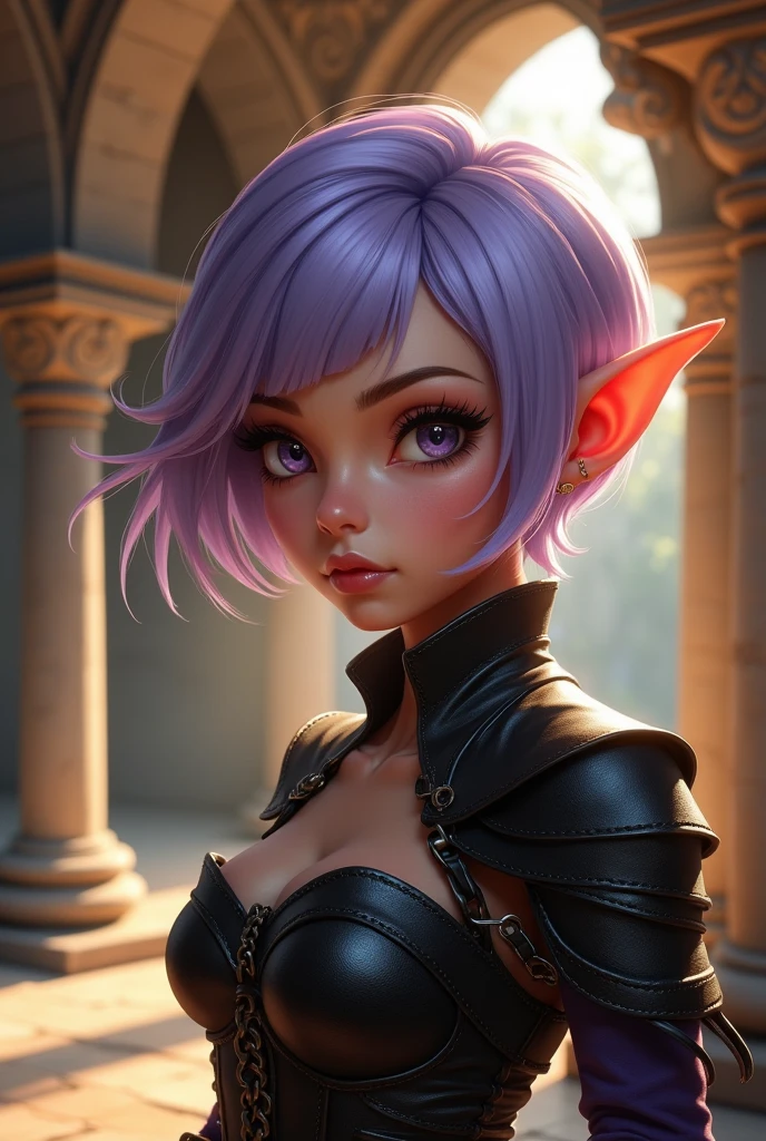 A close-up portrait of a beautiful female gnome character with sabrina, lavender hair, short hair and blunt bangs with ram horns. She has a serious, determined expression with highly detailed and expressive eyes, delicate features, sensual lips, and flawless complexion. The character is wearing a fantasy black leather armor with long claws and long nails focus, appearing as a rogue or fighter. The scene is set in a fantasy environment, possibly inside stone chambers with beautifully adorned columns, creating an ethereal, dreamy and romantic atmosphere. The lighting is warm and glowing, with a soft focus and gentle breeze, giving the image a filmic, summer vibes aesthetic. The character's feminine posture and graceful movements are seamlessly integrated with the detailed background, resulting in a visually stunning and professional-quality artwork.