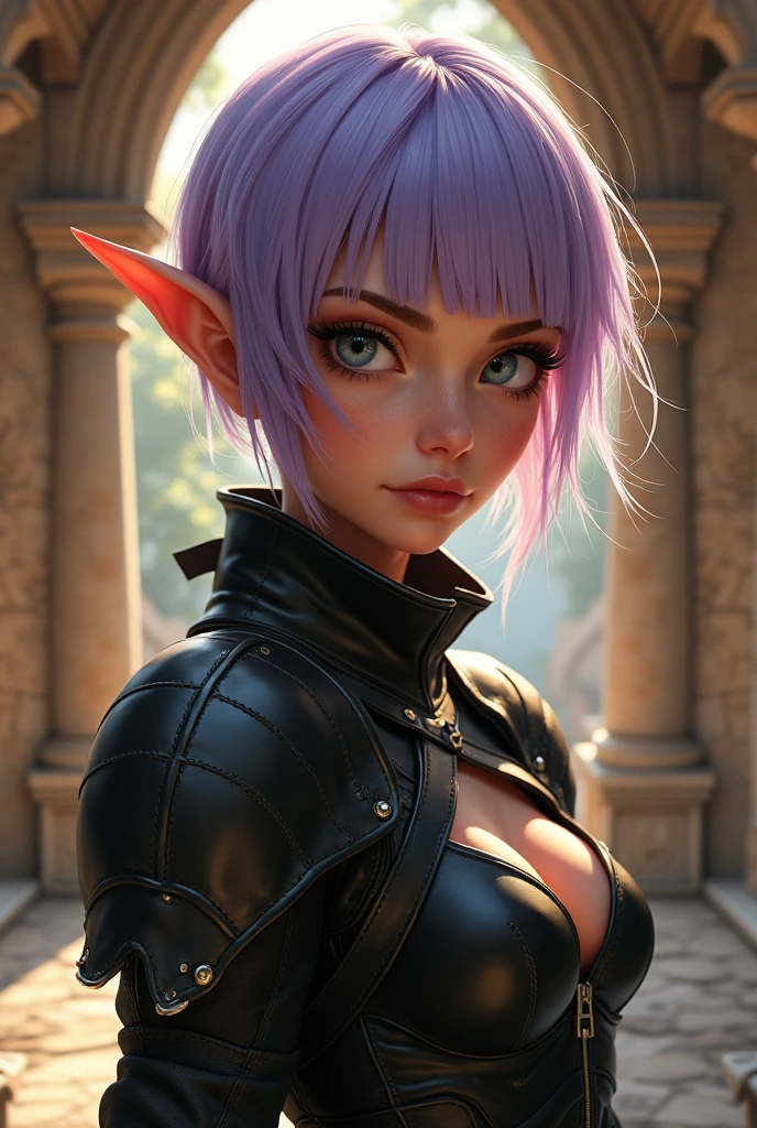 A close-up portrait of a beautiful female gnome character with sabrina, lavender hair, short hair and blunt bangs. She has a serious, determined expression with highly detailed and expressive eyes, delicate features, sensual lips, and flawless complexion. The character is wearing a fantasy black leather armor with long claws and long nails focus, appearing as a rogue or fighter. The scene is set in a fantasy environment, possibly inside stone chambers with beautifully adorned columns, creating an ethereal, dreamy and romantic atmosphere. The lighting is warm and glowing, with a soft focus and gentle breeze, giving the image a filmic, summer vibes aesthetic. The character's feminine posture and graceful movements are seamlessly integrated with the detailed background, resulting in a visually stunning and professional-quality artwork.