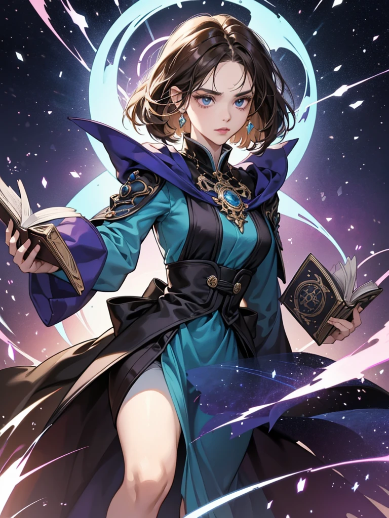 Create an image of Lyra, a member of the Warlock clan and twin sister of Mirella. Lyra should be depicted as a striking and formidable figure with a sense of underlying envy and intensity. She has a sharp, angular appearance that reflects her powerful and mystical nature. Her long, ash brown hair flows elegantly, with its color contrasting against her dark and rich attire. Her eyes are intense and piercing, with a hint of frustration or longing.
Lyra wears a sophisticated and elaborate robe or gown adorned with arcane symbols and intricate designs, emphasizing her magical prowess. The attire should be dark and rich in color, such as midnight blue or deep violet, with subtle glowing accents that reflect her mastery of other forms of magic. Include magical artifacts or accessories that showcase her formidable abilities but omit the time-related motifs that Mirella has.
The setting could be a dimly lit chamber filled with arcane artifacts, ancient tomes, and magical constructs, contrasting with the grandeur of Mirella’s environment. The atmosphere should convey a sense of unresolved tension and envy, with Lyra’s presence hinting at her struggle and desire for the time-controlling powers she lacks. The overall mood should blend her formidable magical prowess with the subtle hints of her envious nature.