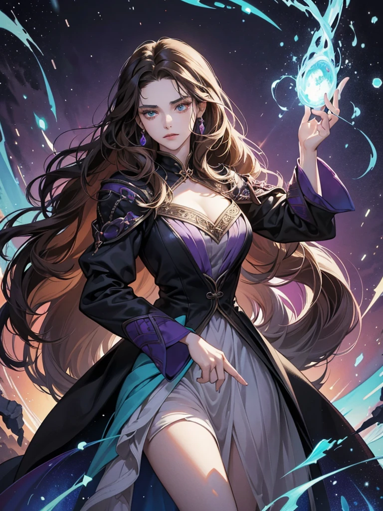Create an image of Lyra, a member of the Warlock clan and twin sister of Mirella. Lyra should be depicted as a striking and formidable figure with a sense of underlying envy and intensity. She has a sharp, angular appearance that reflects her powerful and mystical nature. Her long, ash brown hair flows elegantly, with its color contrasting against her dark and rich attire. Her eyes are intense and piercing, with a hint of frustration or longing.
Lyra wears a sophisticated and elaborate robe or gown adorned with arcane symbols and intricate designs, emphasizing her magical prowess. The attire should be dark and rich in color, such as midnight blue or deep violet, with subtle glowing accents that reflect her mastery of other forms of magic. Include magical artifacts or accessories that showcase her formidable abilities but omit the time-related motifs that Mirella has.
The setting could be a dimly lit chamber filled with arcane artifacts, ancient tomes, and magical constructs, contrasting with the grandeur of Mirella’s environment. The atmosphere should convey a sense of unresolved tension and envy, with Lyra’s presence hinting at her struggle and desire for the time-controlling powers she lacks. The overall mood should blend her formidable magical prowess with the subtle hints of her envious nature.
