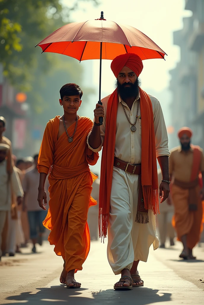 A Bengali youth is holding an umbrella on the head of a leader. The leader is wearing a long Punjabi. And the one holding umbrella is wearing lungi and genji. They are walking on the road.
