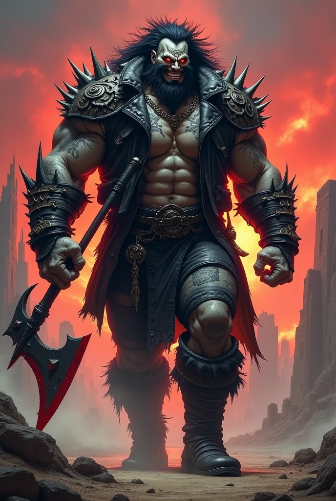 A full-body image of 'Cão Raivoso,' inspired by DC's Lobo, in a Dungeons & Dragons 5e setting. The character is depicted as a Goliath Barbarian with a muscular, humanoid build and gray, stone-like skin. His body is covered in tribal tattoos and scars, with wild, spiky black hair, a black goatee, and black markings around his intense, red glowing eyes. He is wearing a torn, rugged black leather jacket over spiked leather armor, with the jacket sleeves ripped off, exposing his muscular arms. He also wears black pants with chains and combat boots, and carries a massive, blood-stained great axe. The background is a barren, post-apocalyptic wasteland with smoldering ruins and a blood-red sky, emphasizing his brutal and chaotic nature. The pose should be dynamic, showing his full intimidating presence, ready for battle. Change only the face of the character to make it more refined, following the previously approved model, with a confident and menacing grin, showing normal human teeth.