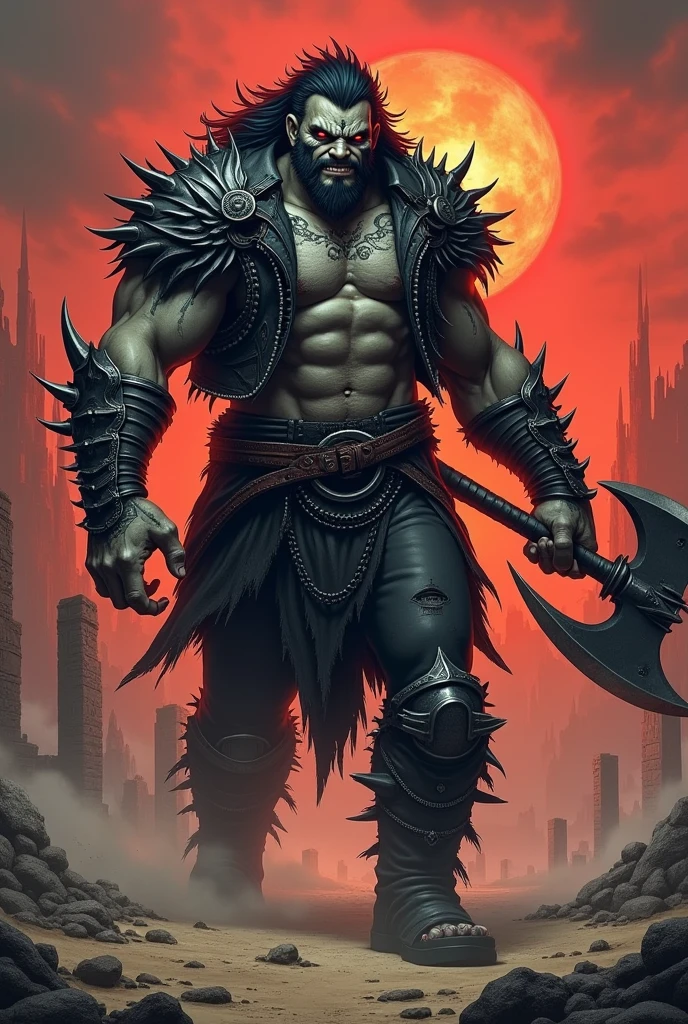 A full-body image of 'Cão Raivoso,' inspired by DC's Lobo, in a Dungeons & Dragons 5e setting. The character is depicted as a Goliath Barbarian with a muscular, humanoid build and gray, stone-like skin. His body is covered in tribal tattoos and scars, with wild, spiky black hair, a black goatee, and black markings around his intense, red glowing eyes. He is wearing a torn, rugged black leather jacket over spiked leather armor, with the jacket sleeves ripped off, exposing his muscular arms. He also wears black pants with chains and combat boots, and carries a massive, blood-stained great axe. The background is a barren, post-apocalyptic wasteland with smoldering ruins and a blood-red sky, emphasizing his brutal and chaotic nature. The pose should be dynamic, showing his full intimidating presence, ready for battle. Change only the face of the character to make it more refined, following the previously approved model, with a confident and menacing grin, showing normal human teeth.