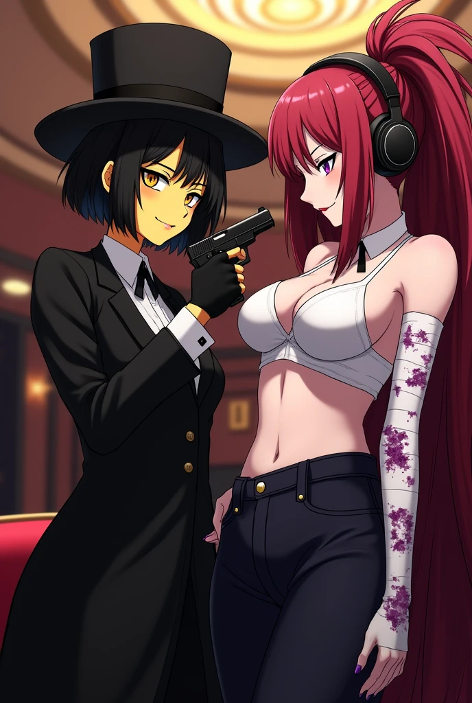 Yellow skinned girl, with one eye in the shape of a triangle and completely black and his other eye yellow and psychopathic, with black top hat, a sexy black suit, black hair bob, black gloves in a casino, that brings a bow, and brings a gun. and anime. With a loving look and a psychopathic smile he points to a white-skinned girl, a huge red hair in a ponytail, that has many purple bruises, with a white bra, psntalones negros baggy, red hair and bangs, with bandages on his arms with a serious expression, and with black headphones and fingerless gloves