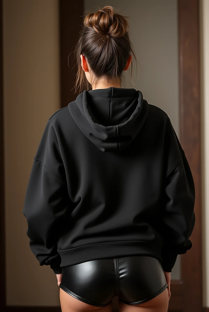 black woman hair in a bun black hoodie black leather short shorts being fucked in the ass by a old grandma in a dress