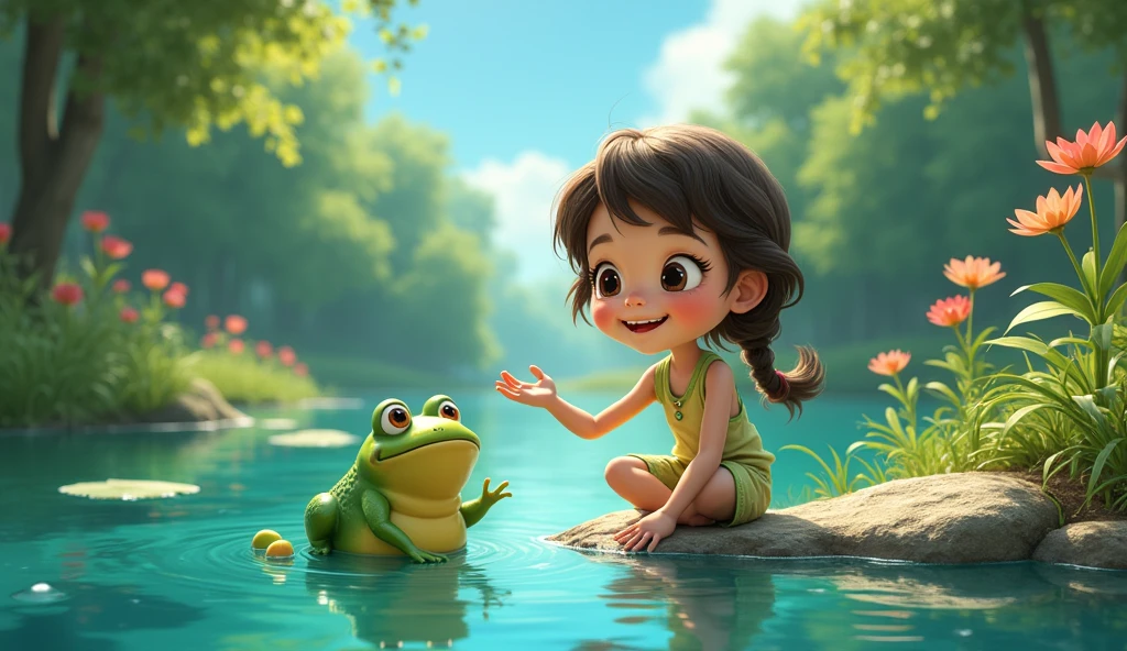 Margo a girl and froggy are present on a river having blue water