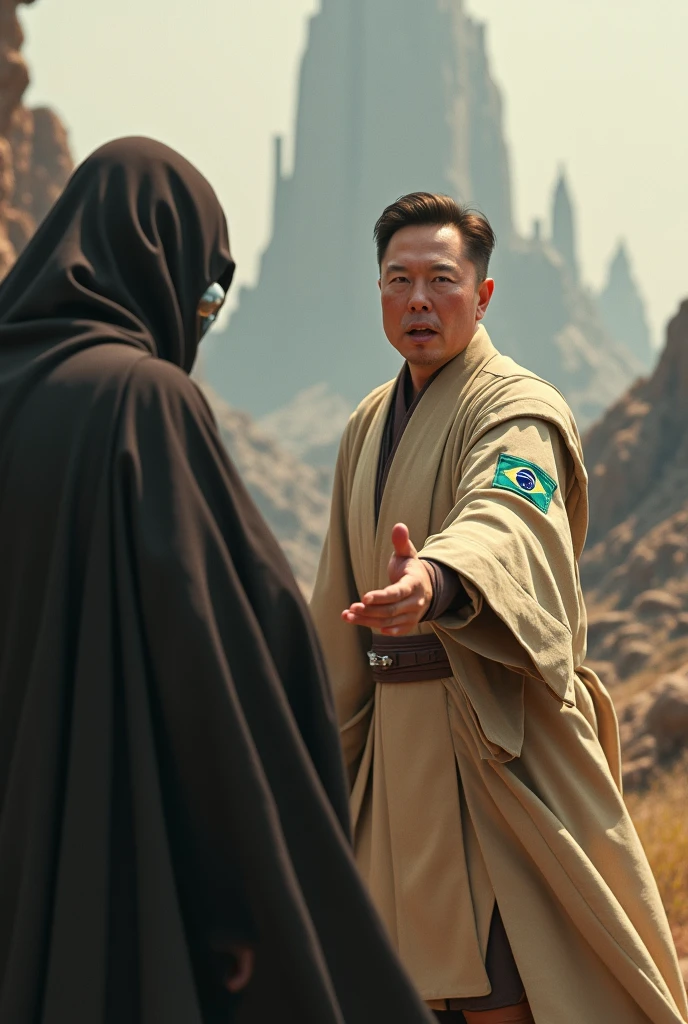 Image of Elon Musk wearing a Star Wars obi outfit with a Brazilian patch pushing Voldemort from Harry Potter into battle