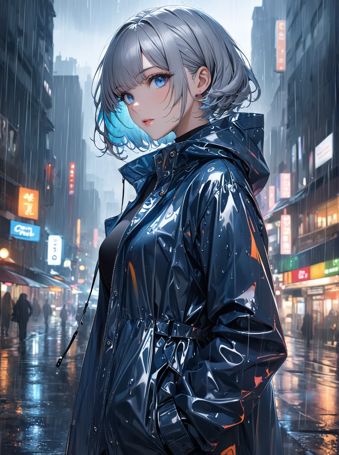 Ultra high resolution, rich colors, perfect image, top quality, detailed image, beautiful single woman, glowing skin, skin and clothing texture, delicate eyes, rainy city, raincoat, casual pantsuit, silver bob hair, blue eyes