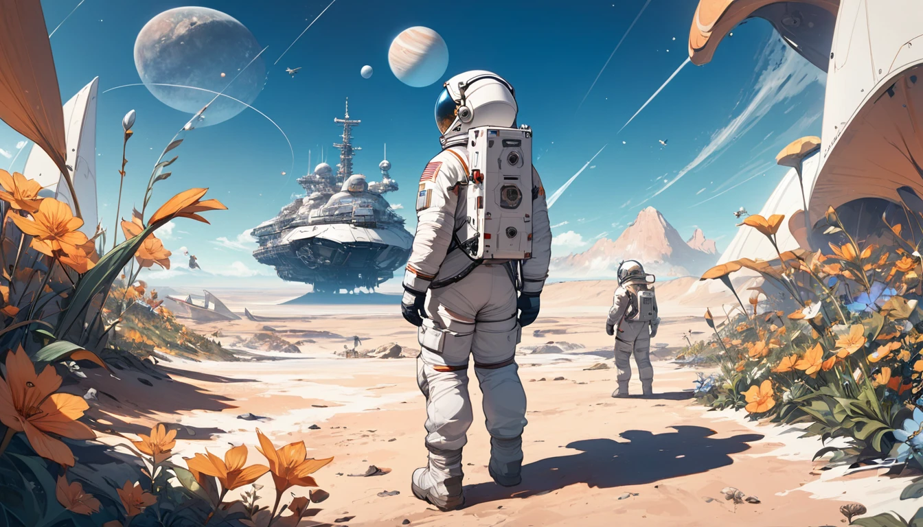 Astronaut with his back turned outside his ship, parked on an unknown planet with unknown flora and fauna with blue skies 