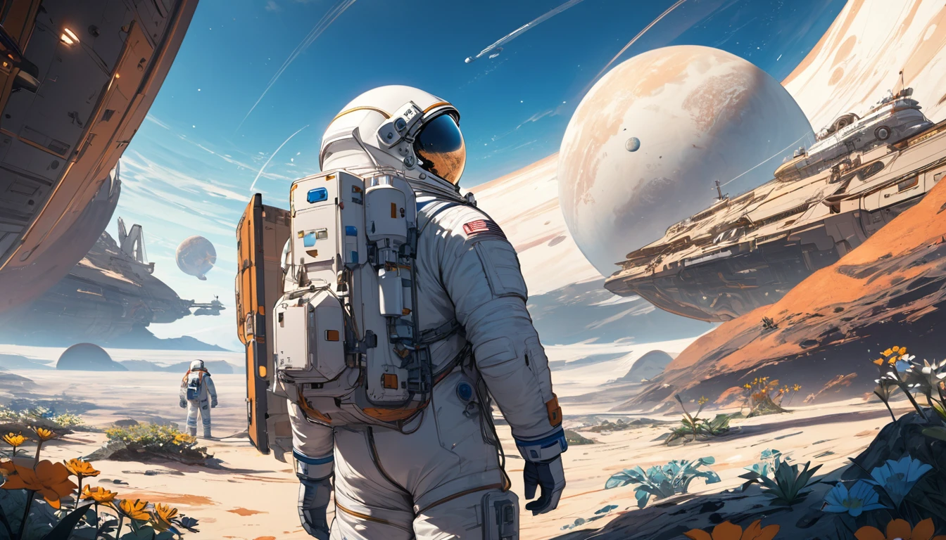 Astronaut with his back turned outside his ship, parked on an unknown planet with unknown flora and fauna with blue skies