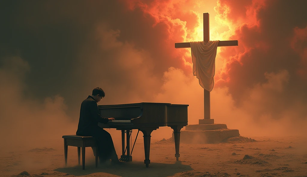 a pianist playing piano in middle apocalyptic sand, dust and smoke, The image depicts a powerful scene with a solitary wooden cross, standing majestically atop a platform surrounded by swirling mists. A white cloth is draped over one arm of the cross, catching the light from within the structure, which shines outward, piercing the surrounding darkness. The atmosphere is ethereal and mystical, set against a red rose of a dark, stormy sky, suggesting a moment of divine significance or spiritual revelation. The overall mood is solemn and awe-inspiring, evoking a sense of reverence and mystery.