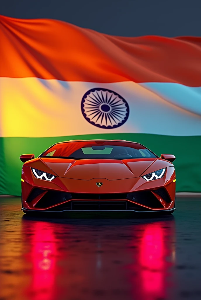 A lamborghini car in red and yellow combination and neon light. On background ,india  flag 
