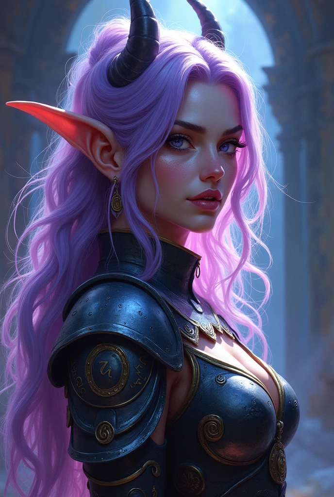 D&D portrait in the style of a high fantasy oil painting, female demon necromancer boasting light purple hair cascading over her light armor, adorned with mysterious runes and emanating a subtle dark aura, her eyes capturing attention with extremely long eyelashes, backlit with a sinister glow from her latest conjuration, vivid colors, golden ratio, dramatic lighting, highly detailed.
