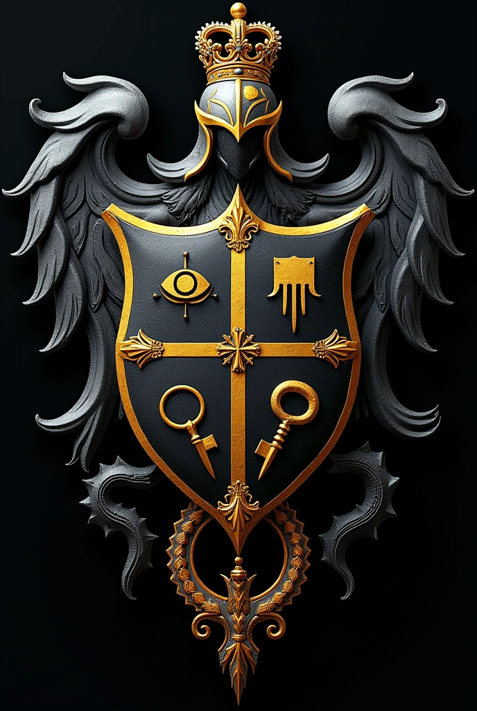 Elements of the Coat of Arms:
1. shield: At the center, a robust and imposing shield, divided into four quadrants, representing the different factions (Politicians, businessmen, thugs, and officers) that make up society.
2. Symbols:
• Watchful Eye: At the top of the shield, an all-seeing eye, simbolizando o Control total e a vigilância sobre a cidade.
• Key and Chain: A cross wrench with a chain in a quadrant, representing the power to decide the fate of the city.
• Serpent and Sword: A serpent entwined around a sword in another quadrant, symbolizing manipulation and hidden power.
• Olive Branch: An olive branch, perhaps surrounded by thorns, to represent the “peace” they offer to the city, but at a cost.
3. colors:
• Black and Gold: Black to represent mystery and secrecy; gold to represent power and wealth.
4. Motto: Below the shield, um lema em latim que pode refletir o Control e o segredo, such as "All Under Control" (Everything Under the Empire).
5. Helmet and Crown: Above the shield, a knight's helmet, Representing Leadership, and a crown, to symbolize the supreme authority of society.
Coat of Arms Generation Prompt:
“Create a coat of arms for a secret society made up of tycoons, Politicians, police officers, businessmen, e até thugs. O brasão deve apresentar um escudo divided into four quadrants, each with symbols representing power, Control, and mystery: a watchful eye, a key crossed with a chain, a snake coiled around a sword, and an olive branch surrounded by thorns. Use black and gold colors to represent secrecy and wealth.. Inclua a knight's helmet com uma coroa no topo e um lema em latim ‘Omnia Sub Imperium’ abaixo do escudo.”