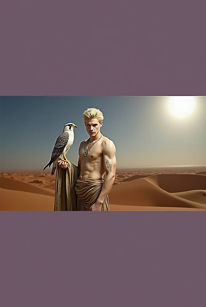 A handsome beautiful slim shirtless white skin man in the desert with a falcon