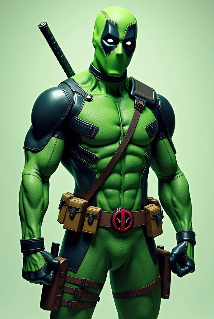 hyper realistic deadpool with fully green outfit