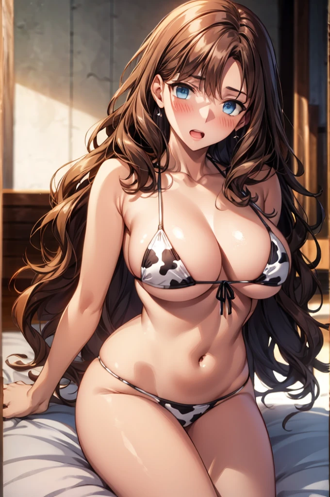 ((Highest quality, High resolution, Pixel Perfect, 4K)), (1 person), (Beautiful Anime),
Perfect body,
Long Hair, Dark Redhead 、 Wavy Hair 、 Very large breasts、 Blue eyes、 Detailed eyes、
(blush) 、climax 、Embarrassing 、Open your mouth a little、
(Cow print micro bikini)、Cleavage 、
Drawing from the waist up