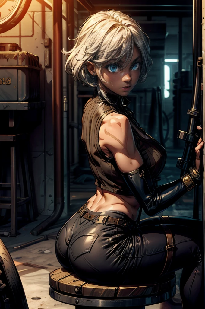 (3D Western Anime Style) (masterpiece), expressive eyes, beautiful makeup, feminine boy, white hair, short hair, flat chest, toned physique, white tank top, black shorts, bulge, curvy ass, mechanical steampunk gloves, steampunk goggles, mechanic, steampunk motorcycle, sweating profusely, garage, steampunk schematic on walls, smiling, blue eyes, holding a wrench, dirt on face and body, sitting beside a steampunk engine, sitting sultry,