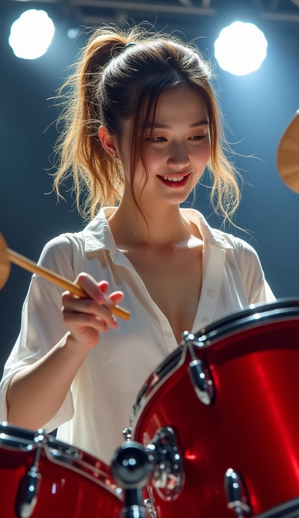 Realistic, Japanese women, drummer, Playing the red drums, rock band, On the concert stage, Brightly lit by stage spotlights, Very bright lighting, white light lighting,Wearing a white shirt, Medium length light brown hair, ponytail, Hair blowing in the wind, Her hair is messy and unkempt.., beautiful, White and translucent skin, Sweat splash, Charming person, Very large breasts, Show me my skin, Natural Makeup, Small Nose, Smooth jawline, Glossy face, Blushing cheeks, Big smile high resolution, Anatomically correct, Highest quality, Very detailed, Attention to detail, Looking down, Cowboy Shot, vision, smile,enjoy,Wide-angle shot,