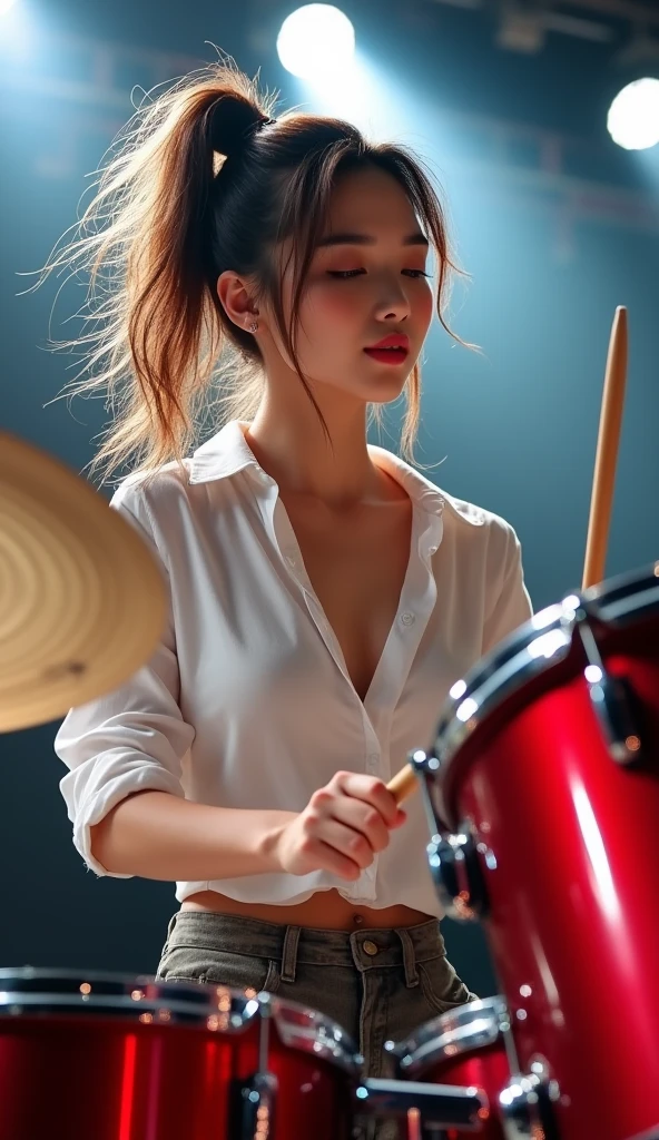 Realistic, Japanese women, drummer, Playing the red drums, rock band, On the concert stage, Brightly lit by stage spotlights, Very bright lighting, white light lighting,Wearing a white shirt, Medium length light brown hair, ponytail, Hair blowing in the wind, Her hair is messy and unkempt.., beautiful, White and translucent skin, Sweat splash, Charming person, Very large breasts, Show me my skin, Natural Makeup, Small Nose, Smooth jawline, Glossy face, Blushing cheeks, Big smile high resolution, Anatomically correct, Highest quality, Very detailed, Attention to detail, Looking down, Cowboy Shot, vision, smile,enjoy,Wide-angle shot,