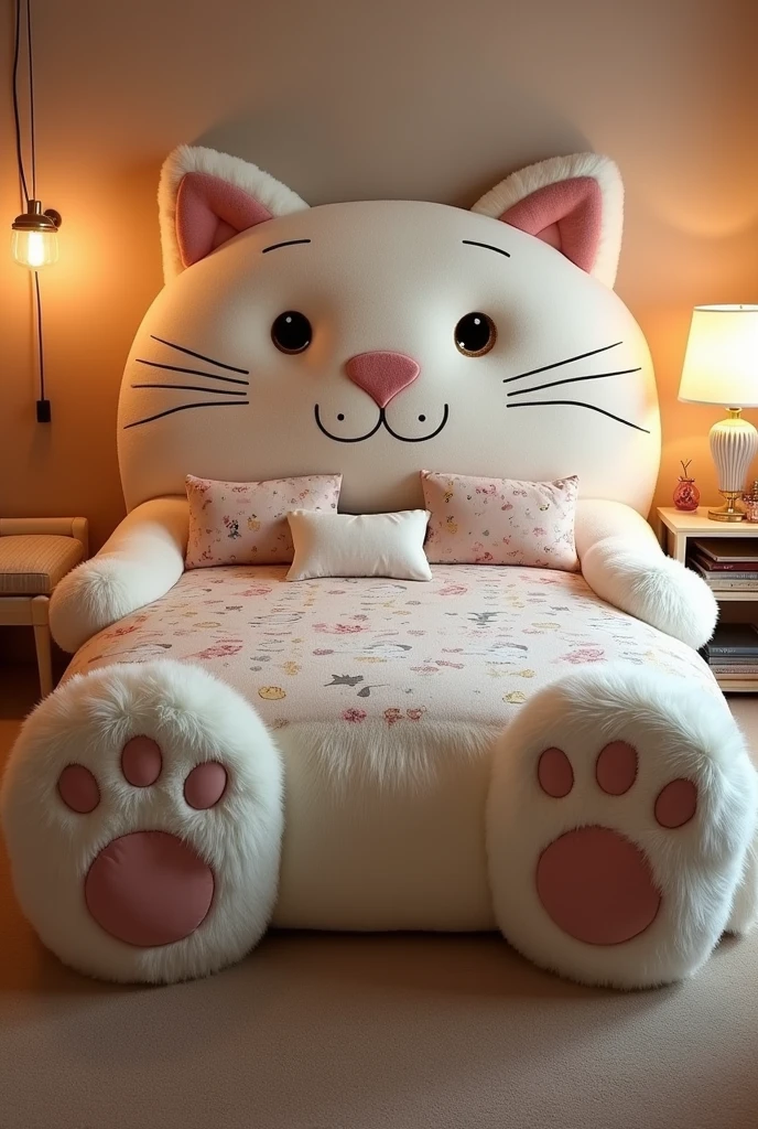 "Design a bed that looks like a giant, friendly cat, made entirely from soft, furry fabric. The bed should feature a headboard with large, realistic cat ears that extend upwards, with the cat's face embroidered with detailed eyes, a pink nose, and long whiskers. The sides of the bed should resemble the cat’s body, covered in plush fur, with the footboard featuring the cat’s tail curling around the bed. The bed should rest on large, padded paws at each corner, adding to the cat-like appearance. The bedding should be in harmony with the theme, using fur-like textures or subtle cat patterns. The bedroom should be designed to match, with cat-themed decor, soft lighting, and a cozy, inviting atmosphere."