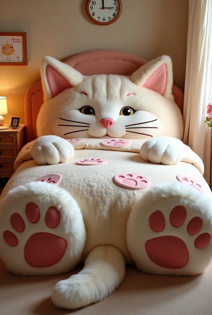 "Design a bed that looks like a giant, friendly cat, made entirely from soft, furry fabric. The bed should feature a headboard with large, realistic cat ears that extend upwards, with the cat's face embroidered with detailed eyes, a pink nose, and long whiskers. The sides of the bed should resemble the cat’s body, covered in plush fur, with the footboard featuring the cat’s tail curling around the bed. The bed should rest on large, padded paws at each corner, adding to the cat-like appearance. The bedding should be in harmony with the theme, using fur-like textures or subtle cat patterns. The bedroom should be designed to match, with cat-themed decor, soft lighting, and a cozy, inviting atmosphere."