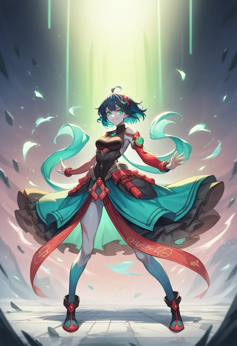 anime, masterpiece, best quality, UHD, ??????? correct, detailed skin, detailed pupils, detailed hair, girl, cool girl, smile, hair correct, full body, vtuber full body, standing pose, dark blue hair, green neon eyes, pose, dynamic pose, cool outfit, neon outfit, white skin