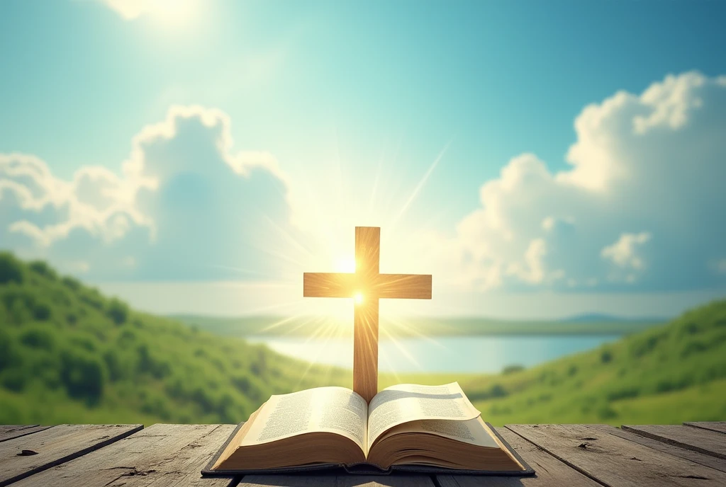 Use a background image that conveys peace and protection, such as a blue sky with clouds or a serene landscape. Add visual elements that refer to spirituality, such as a cross, an open Bible or hands in prayer