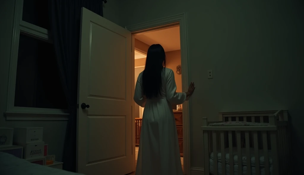 Cinematic, In a dark bedroom, the scene captures a warm scene of beautiful woman standing at the entrance with the door slightly ajar, looking at the camera. The room is dimly lit, with most of the light coming from the hallway behind her, casting her with back lighting. The woman has long, straight black hair and is wearing a long, white nightgown. She holds the door handle with her right hand, and her posture suggests she is about to close the door from the outside of the room. The room features a window with dark curtains on the left, a white crib partially visible in the foreground, and a series of colored storage bins on the left wall.