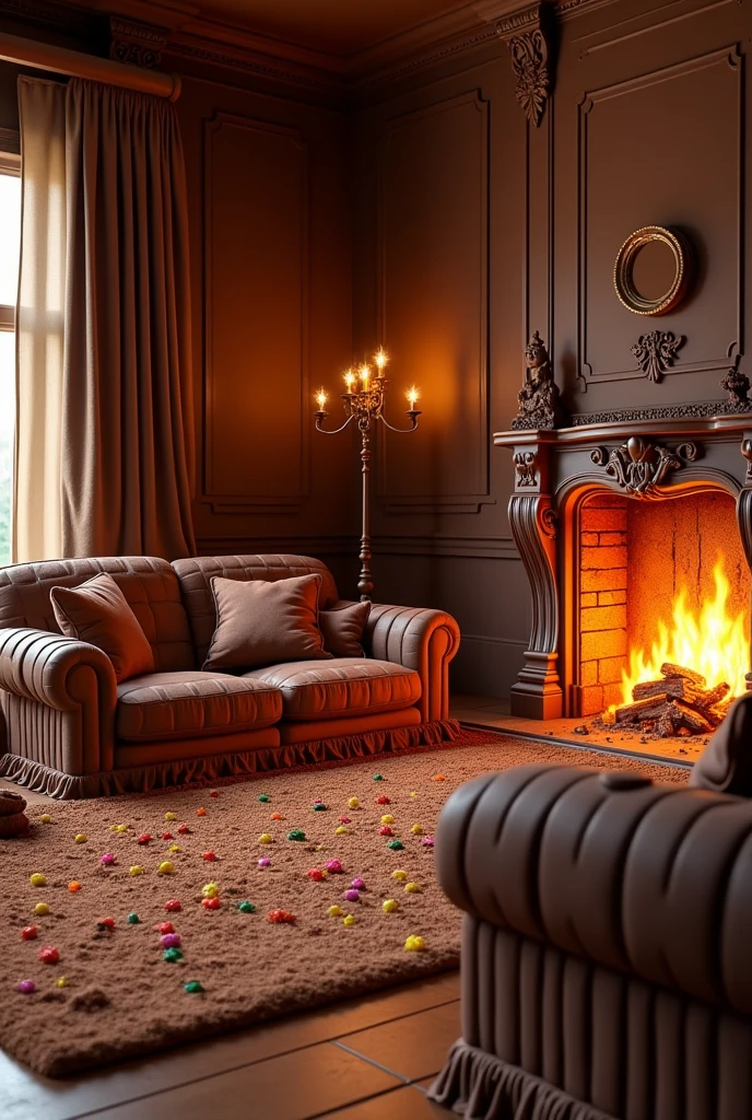 ((masterpiece, 8k, best quality, 8k, super realistic, high resolution:1.3)), living room made of chocolate, chocolate world, chocolate lighting, sofa de chocolate, sofa made of chocolate bar, carpet made of chocolate candy, fireplace melting chocolate surrounded, yellow lighting
