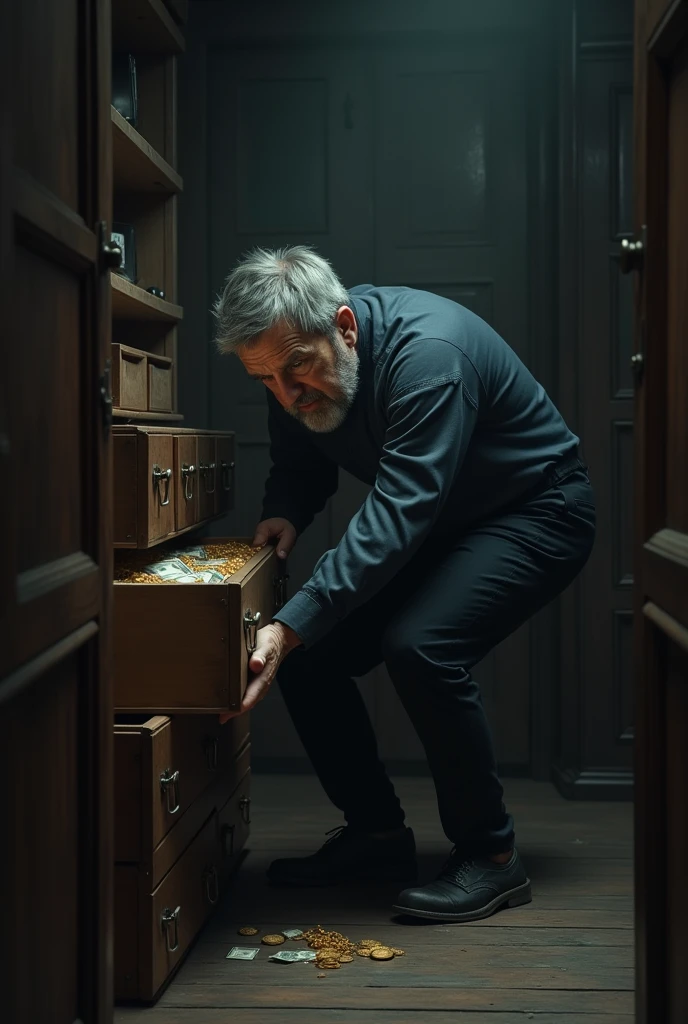 Prompt: Inside a dimly lit, traditional room with simple furniture. The thief, a middle-aged man with a nervous expression, is quietly searching through drawers and cabinets, finding some money and gold jewelry.