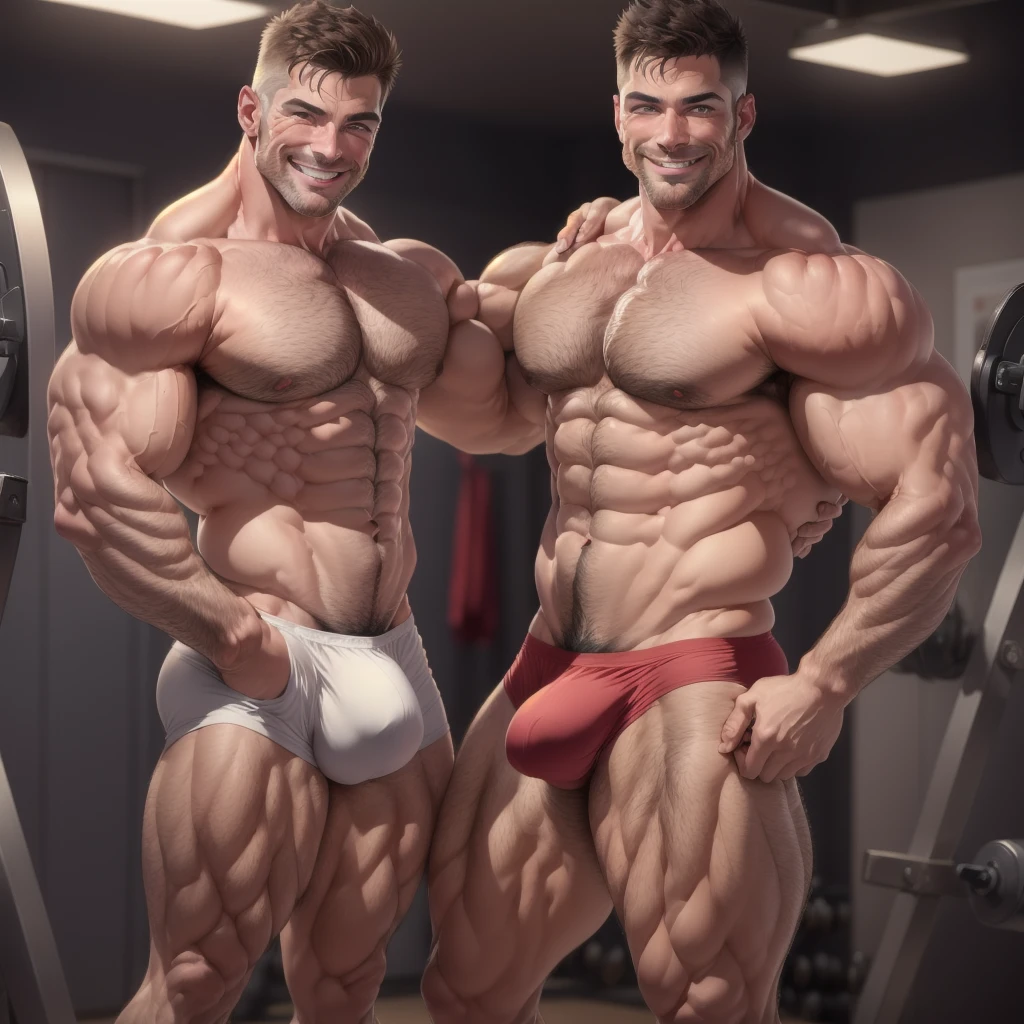 1 male he is smiling provocative way, male focus, with no beard,muscular male, short hair, pushed back hair style, mature male using a tiny and tight red underwear in the gym