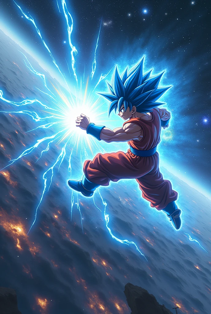 Goku super Saiyan blue in space fighting with super Sonic