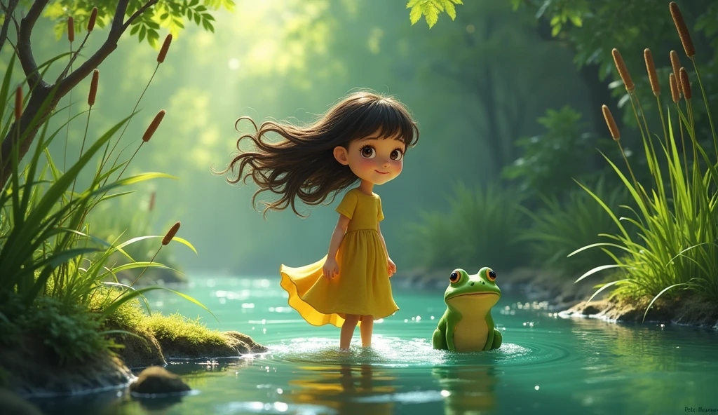 Margo a girl and froggy are present on a riverwant to cross it