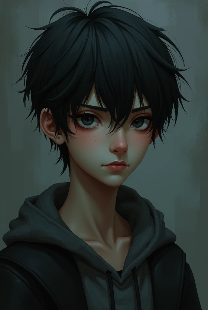 Teenage boy black hair dark eyes with dark circles skinny and tall