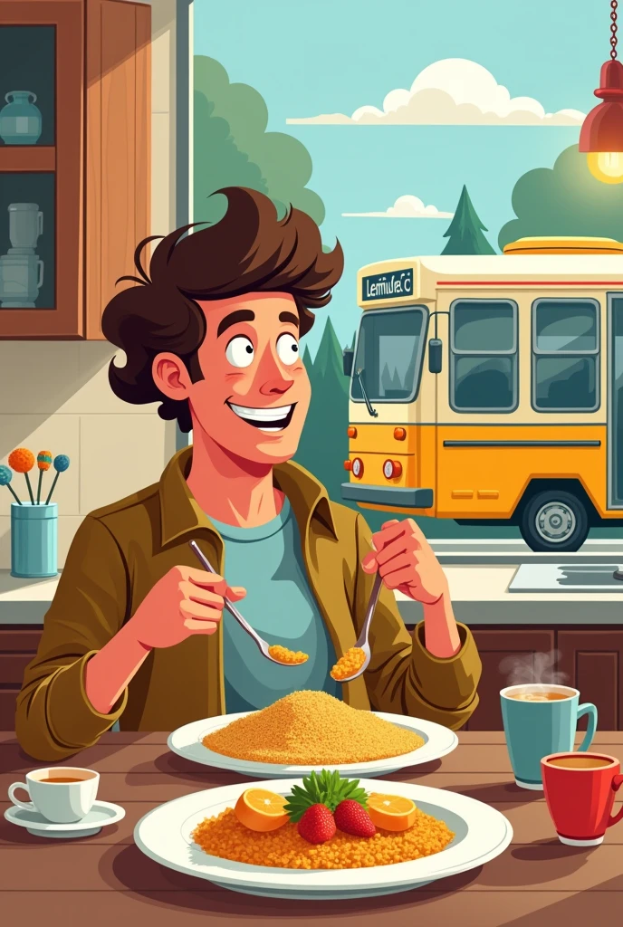 brown-haired cartoon-style man eating couscous and having breakfast in his kitchen through the window we see a bus passing by with the license plate LESMÃO de F.c.