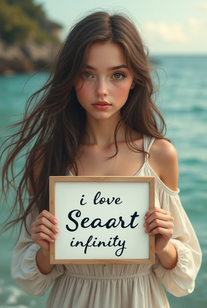 Beautiful girl with wavy long hair, bohemian dress, holding a white board with text "I Love Seaart Infinity" and showing it to the viewer