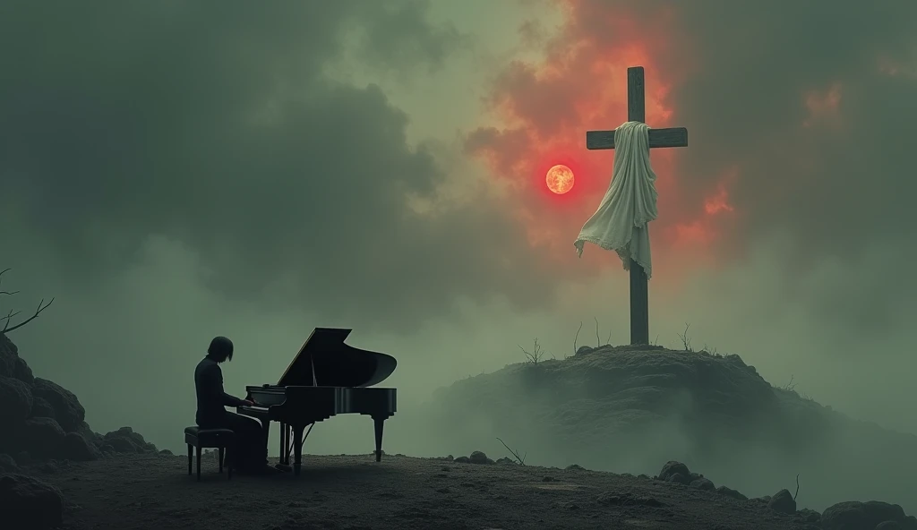 a pianist playing piano in middle apocalyptic, dust and smoke, The image depicts a powerful scene with a solitary wooden cross, standing majestically atop a platform surrounded by swirling mists. A white cloth is draped over one arm of the cross, catching the light from within the structure, which shines outward, piercing the surrounding darkness. The atmosphere is ethereal and mystical, set against a red rose of a dark, stormy sky, suggesting a moment of divine significance or spiritual revelation. The overall mood is solemn and awe-inspiring, evoking a sense of reverence and mystery.