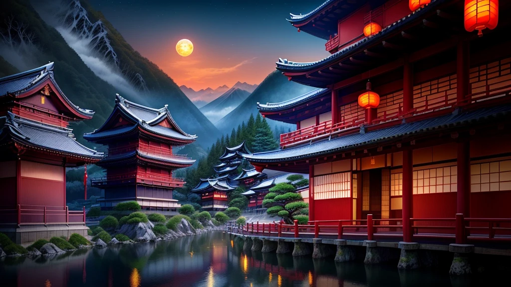 A painting of a Chinese mountain village and a full moon, Japanese Fantasy, Japanese Landscape, Oriental Wallpaper, Japanese Art style, Japanese Art, Old Japanese, Japanese influence, Chinese Fantasy, Traditional Japanese concept art, Oriental Fantasy, traditional Japanese Art, japan night, Oriental scenery, Background artwork, Landscape Artwork, Japanese Village, Japanese Temples, 赛博朋克Japanese Temples