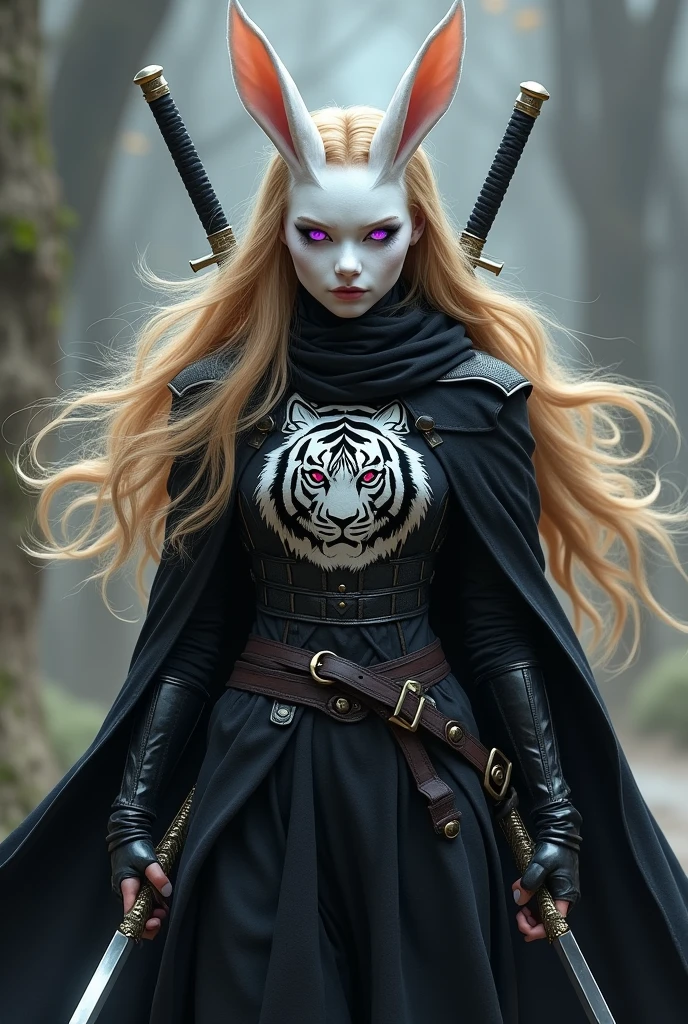 Girl with golden hair and violet eyes, she wore a white rabbit mask with black armor with a cape and hood. The cape has a drawing of a white tiger. The woman carries two long swords on her back.