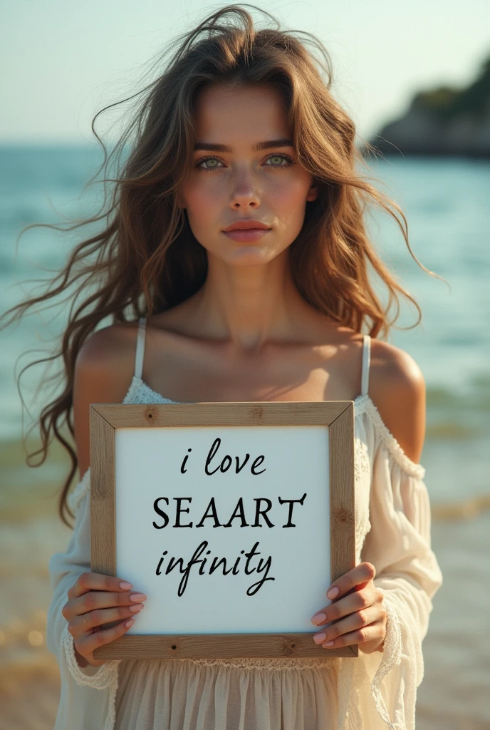 Beautiful girl with wavy long hair, bohemian dress, holding a white board with text "I Love Seaart Infinity" and showing it to the viewer