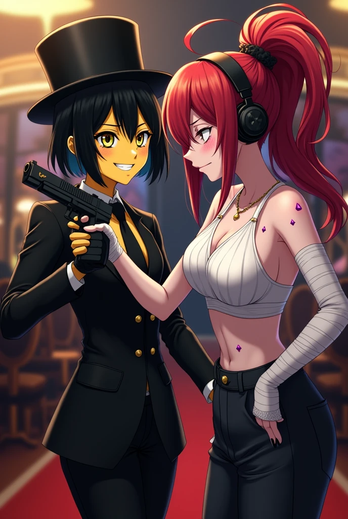 Yellow skinned girl, with one eye in the shape of a triangle and completely black and his other eye yellow and psychopathic, with black top hat, a sexy black suit, black hair bob, black gloves in a casino, that brings a bow, and brings a gun. and anime. With a loving look and a psychopathic smile he points to a white-skinned girl, a huge red hair in a ponytail, that has many purple bruises, with a white bra, psntalones negros baggy, red hair and bangs, with bandages on his arms with a serious expression, and with black headphones and fingerless gloves 