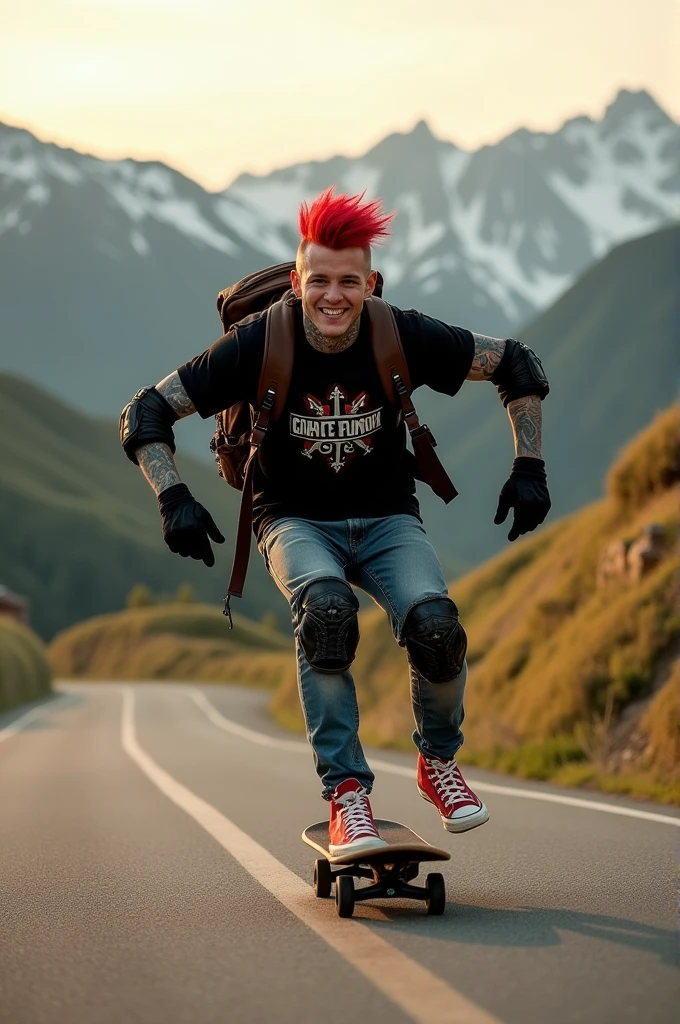 Punk skateboarding with red mohawk and upturned jacket covered in tattoos on his arms, confidently riding a skateboard down a winding mountain road, framed by the golden light of the setting sun. He is wearing a black t-shirt with a vintage VAN logo on his chest and a bag on his back, and denims jeans and use red converse shoes. The man dimple smiles at the camera, his hands protected by black gloves, adding a personal touch to the thrilling scene. He also wears knee and elbow pads, ensuring safety as he navigates the turns with ease. The background features rolling green hills and snow-capped mountains in the distance, creating a stunning contrast to the rider’s dynamic movements, amplifying the excitement. In the distance. The image exudes the thrill of downhill skateboarding, the beauty of the natural scenery, and the fearless energy of the rider, with an Instagram-worthy atmosphere.
