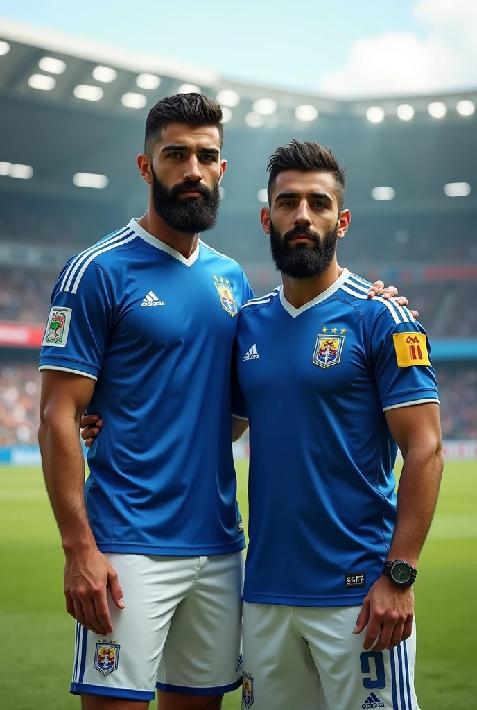 A strong hairy and bearded young Iranian man wearing the El Salvador national football team uniform. He must wear a blue shirt with white details and the Salvadoran Football Federation shield on the chest.. The shorts must be white with blue details., and the socks, blue with a white stripe. His expression should be confident, e a pose, Stately, reflecting their strength and pride by wearing the uniform, side by side with a Brazilian national team player giving an interview on the field at the stadium.