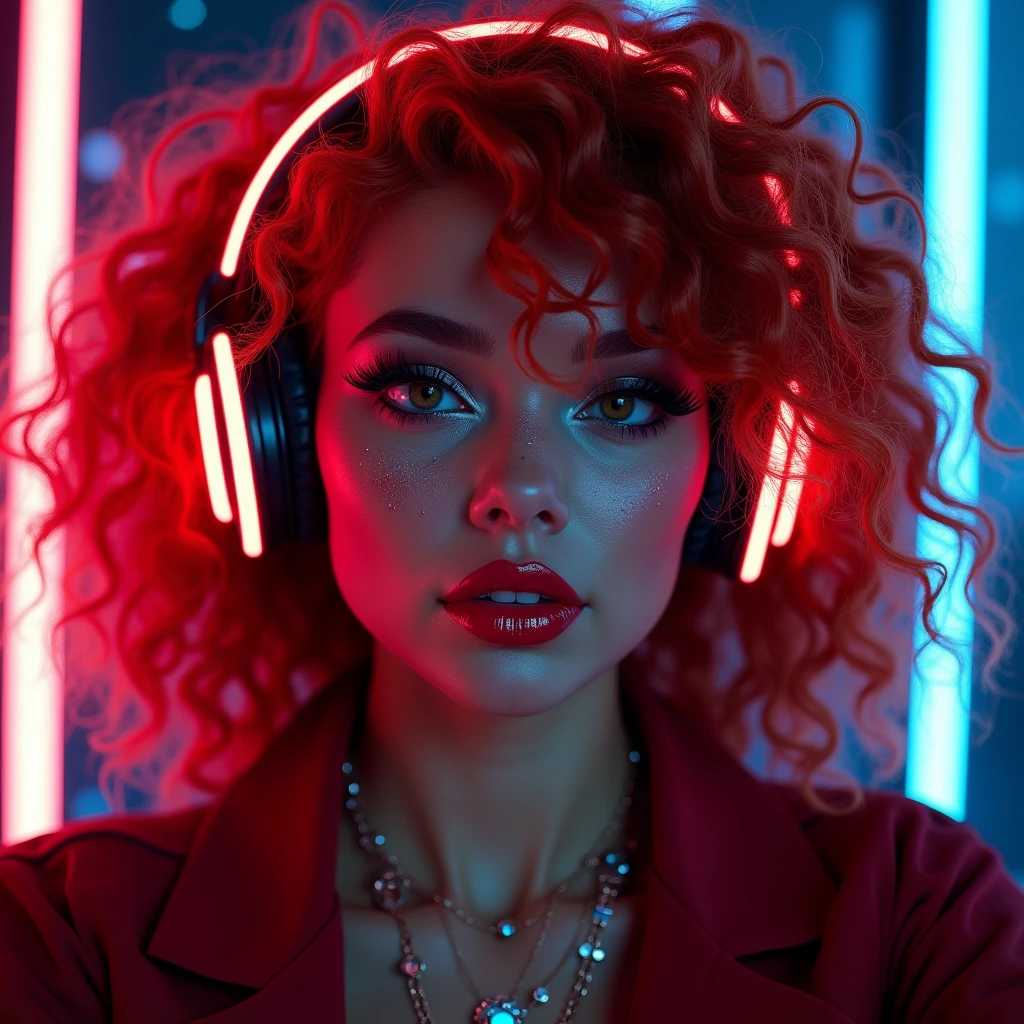 ((Very beautiful girl)), 8k, Young beautiful girl, ((Red curly hair)), red long hair, complex makeup, ((plump shiny lips)), big pink lips, ((big expressive black eyes)), perfectly beautiful girl, jewelry, glitter, ((Gaming headphones on her head)) glowing headphones ((in a cyber suit)), Background: neon, night, gamer's room, many details, first person, close-up, neon lighting, contour neon lighting,