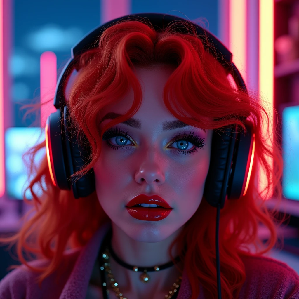 ((Very beautiful girl)), 8k, Young beautiful girl, ((Red curly hair)), red long hair, complex makeup, ((plump shiny lips)), big pink lips, ((big expressive black eyes)), perfectly beautiful girl, jewelry, glitter, ((Gaming headphones on her head)) glowing headphones ((in a cyber suit)), Background: neon, night, gamer's room, many details, first person, close-up, neon lighting, contour neon lighting,