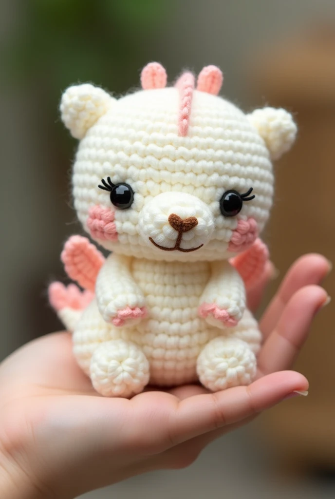 Produk desain,mini plushie, amigurumi , A chubby dragon,White color with pink brown motif, brand's eyes are made of black amigurumi eyes, and the nose is black, ,Head size is larger than body, Product photo with plushie in the palm of the hand