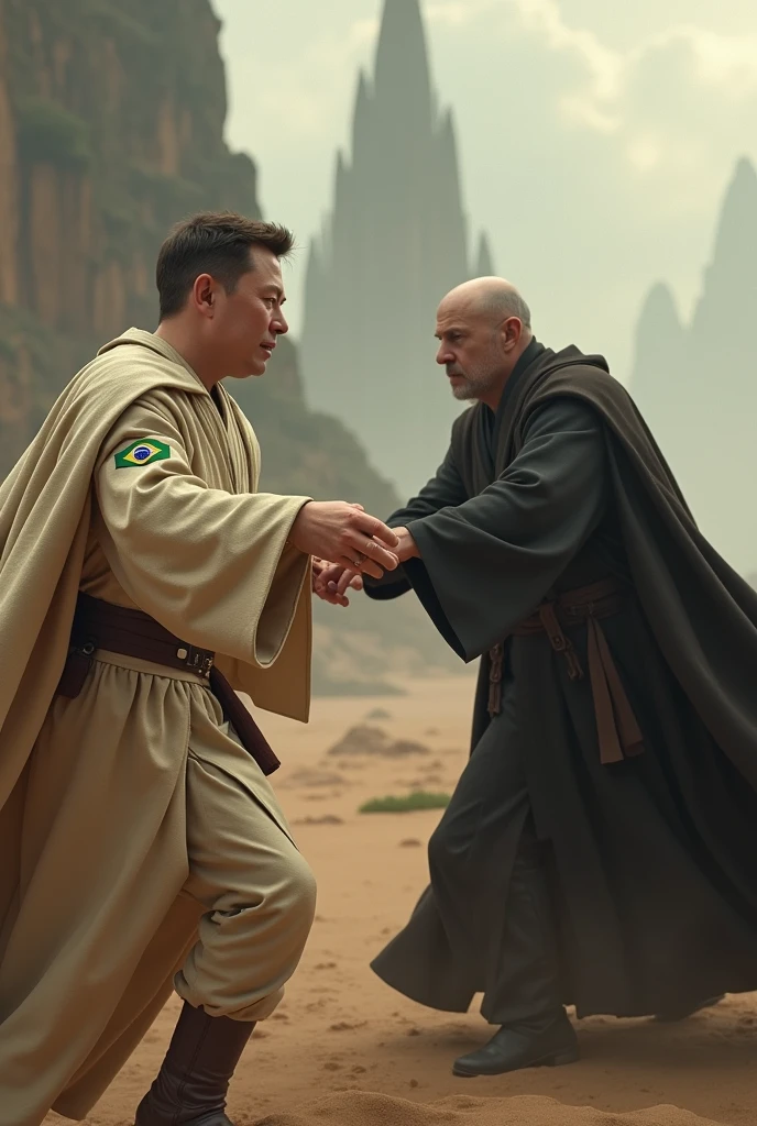 Image of Elon Musk wearing a Star Wars obi outfit with a Brazilian patch pushing Voldemort from Harry Potter into battle